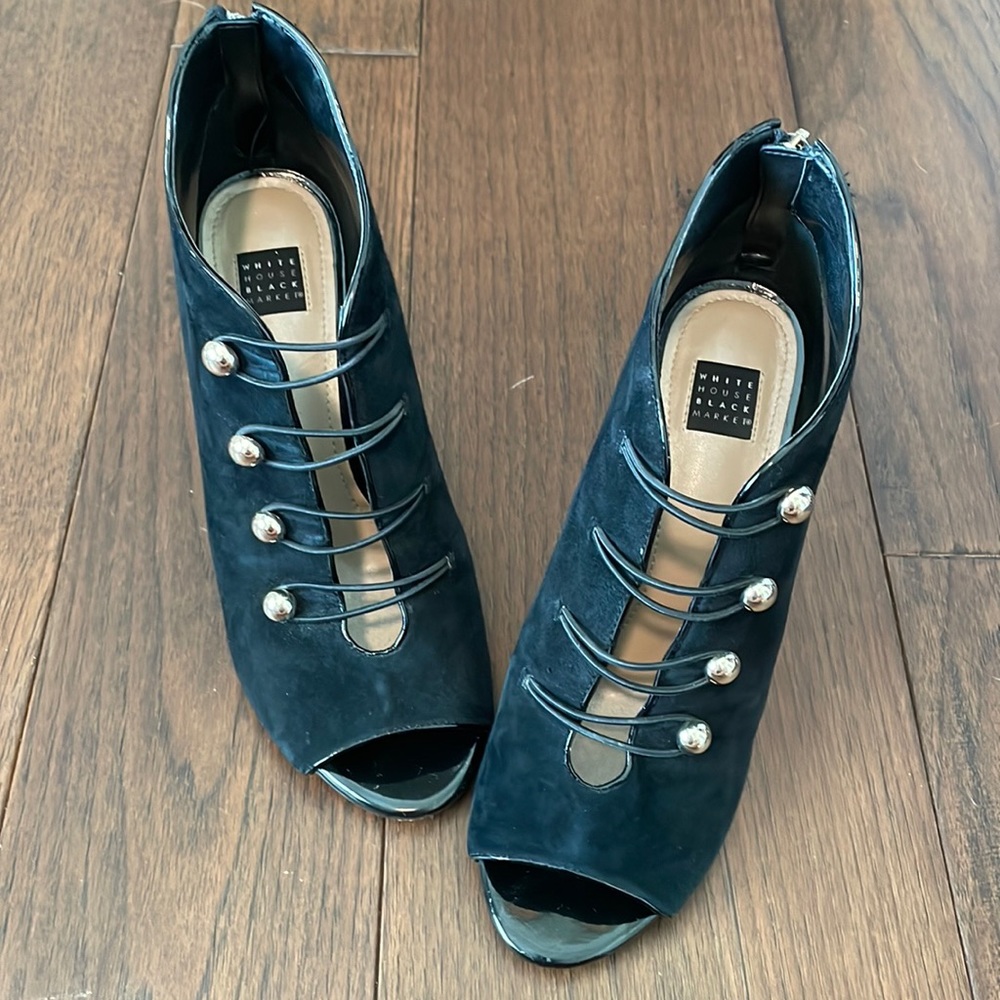 WHBM Button-Front Suede Peep-Toe Booties in Black